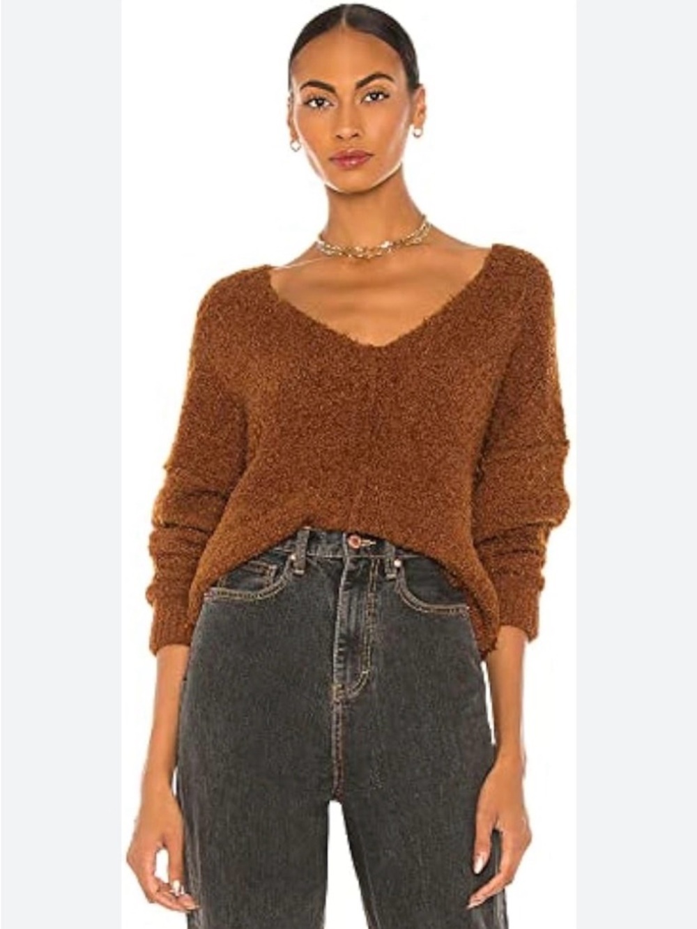 Soft Textured V-Neck Sweater in Chestnut Brown SIZE MEDIUM